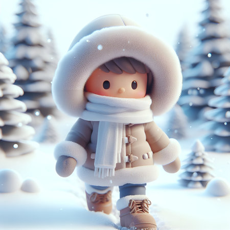 Cute little snowman in winter forest. 3D rendering.の素材