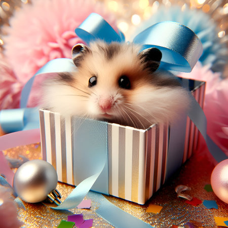 Cute hamster in a gift box on a festive background.の素材