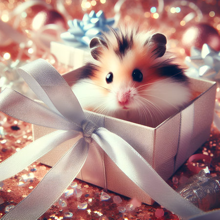 Cute hamster in a gift box on a bokeh backgroundの素材