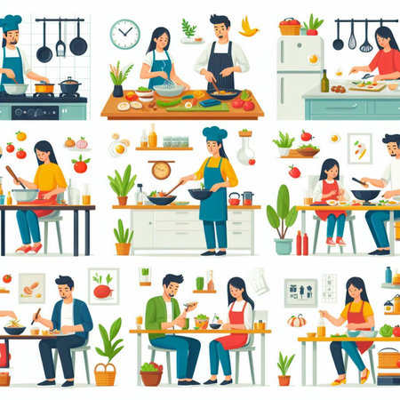 Set of people cooking in the kitchen. Vector illustration in flat styleの素材