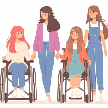 Disabled people concept. Vector illustration of handicapped women in wheelchair.の素材