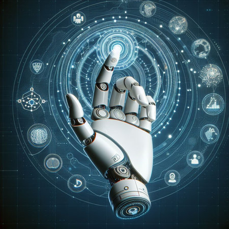3d rendering robot hand working with digital technology interface on dark backgroundの素材