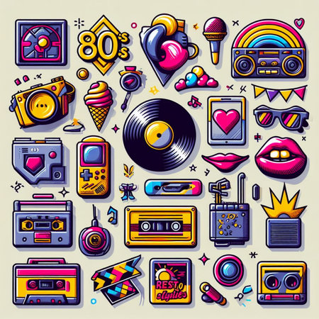 Retro 80s party icons set. Hipster style. Vector illustrationの素材