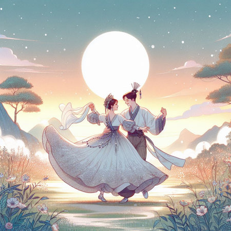 Illustration of a couple in traditional Korean clothes dancing on the lakeの素材
