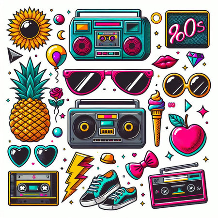 Retro 80s and 90s fashion icons set. Vector illustrationの素材