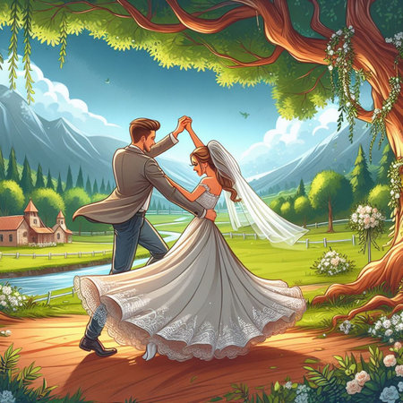 Wedding couple dancing in the park. Bride and groom in the forest.の素材
