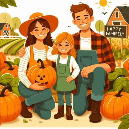 Happy family with pumpkins on farm. Father, mother and daughter sitting on the ground.の素材