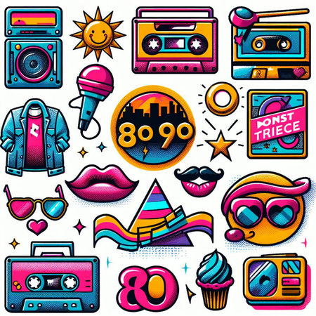 Set of 80s 90s style party icons. Vector illustration.の素材