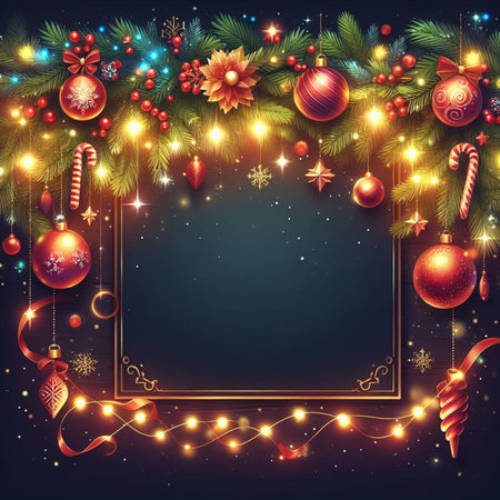 Christmas background with fir tree branches, balls and lights. Vector illustration.の素材