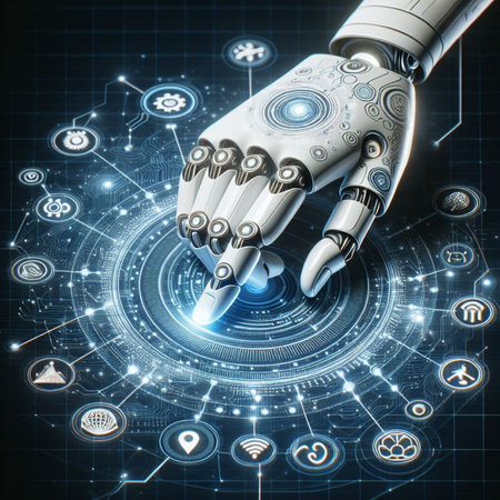 3d rendering robot hand with digital circuit board on dark blue backgroundの素材