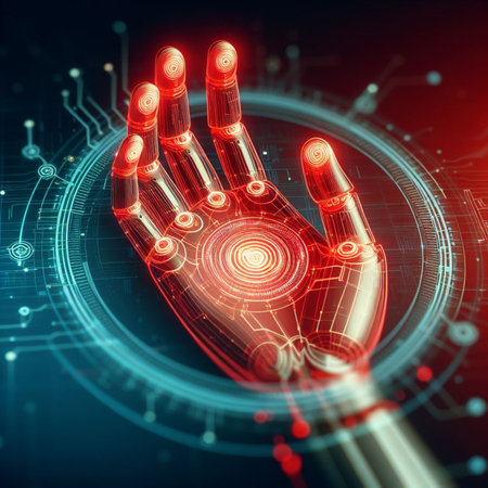 3d rendering futuristic robot hand with digital circuit board on dark backgroundの素材