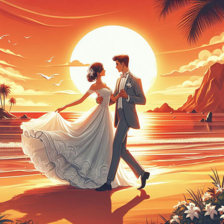 Bride and groom on the beach at sunset. Illustration in retro styleの素材