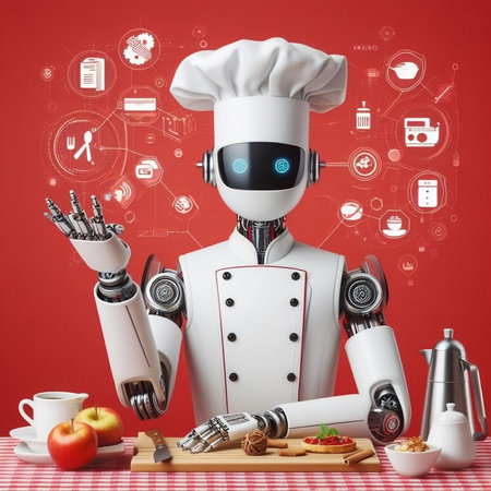 Robot cook with food and kitchen utensils on red backgroundの素材