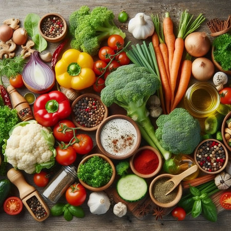 Healthy food background. Fresh vegetables and spices on wooden table. Top viewの素材