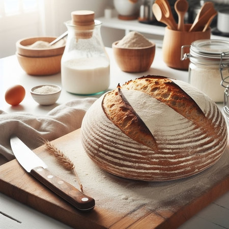 Freshly baked bread on a cutting board with wheat ears, flour and kitchen utensilsの素材