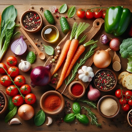 Fresh vegetables and spices on wooden table. Healthy food background. Top viewの素材