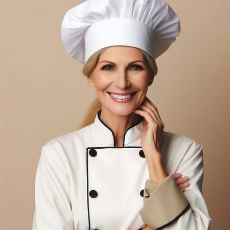 Chef woman portrait. Smiling female chef in white uniform and hat.の素材