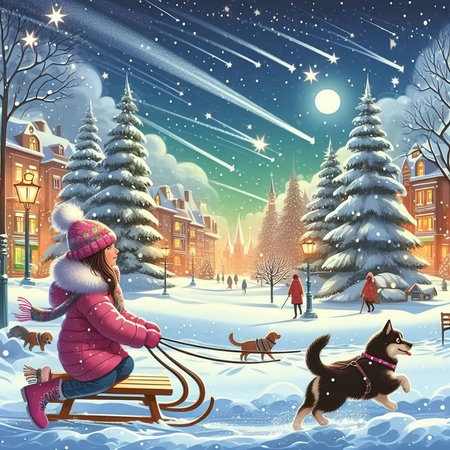 Girl rides on a sledge in the winter city. Christmas background.の素材