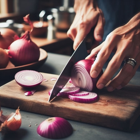Man cutting red onion on wooden board in kitchen, close-upの素材