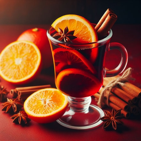 Mulled wine with spices on red background. Mulled wine with spices.の素材