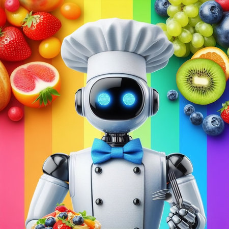 Robot cook with fruits and vegetables on rainbow background. 3d illustrationの素材