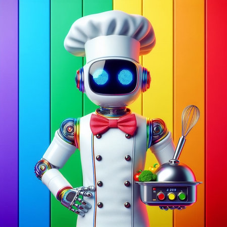 Robot cook with a pan and a ladle on a rainbow backgroundの素材