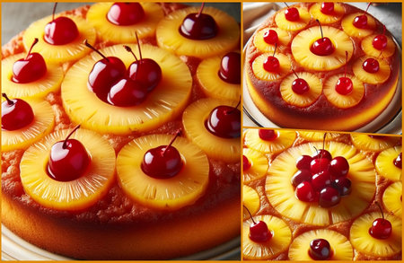 Cake with pineapple and cherry. Collage. Selective focus.の素材