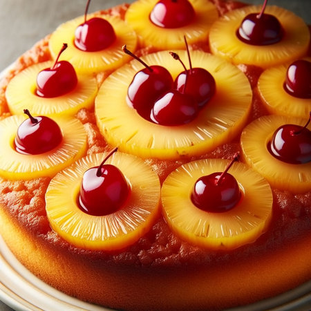 Delicious cake with pineapple and cherries on plate, closeupの素材