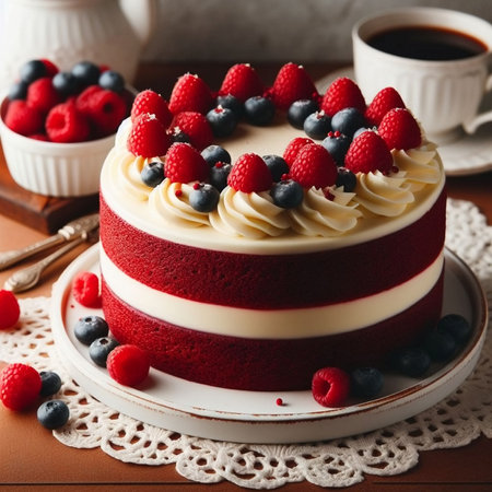 Red velvet cake with berries and cup of coffee on a wooden tableの素材