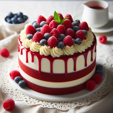 Red velvet cake with fresh raspberries and blueberries, selective focusの素材
