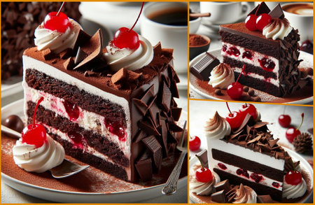 Chocolate cake with cherries and whipped cream. Collage.の素材