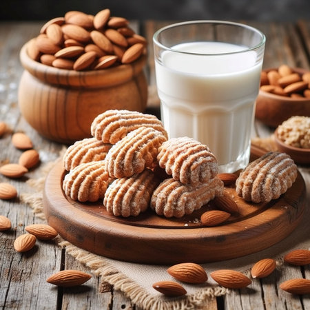Almond cookies with milk on a wooden background. toning. selective focusの素材