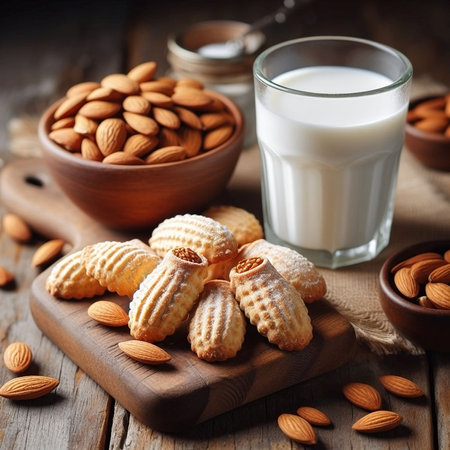 Almond cookies with milk on a wooden background. toning. selective focusの素材
