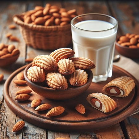 Almond cookies and glass of milk on a wooden table, selective focusの素材