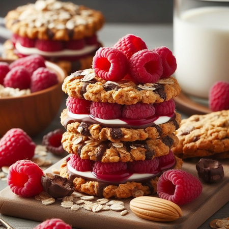 Healthy oatmeal cookies with raspberries and chocolate, selective focus.の素材