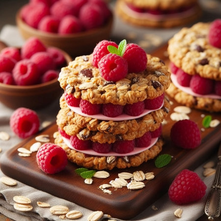 Oatmeal cookies with fresh raspberries and oat flakes.の素材