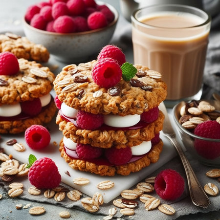 Oatmeal cookies with raspberries and oat flakes, selective focus.の素材
