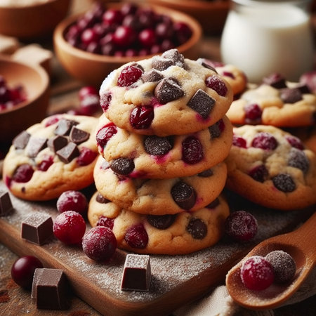 Homemade cookies with cranberries and chocolate on a wooden background.の素材