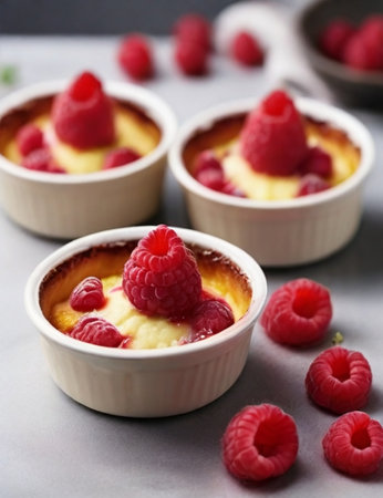 Creme brulee with raspberries on a gray background.の素材