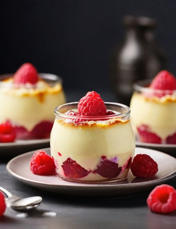 Panna cotta with raspberries in glass, selective focusの素材