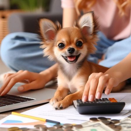 Cute little chihuahua dog and woman working at homeの素材