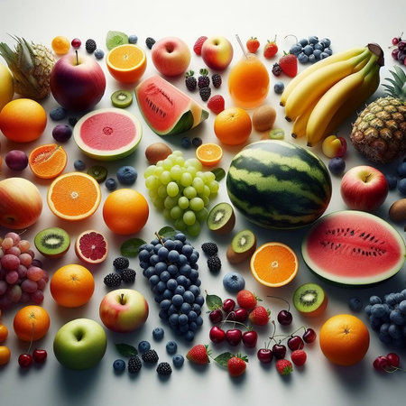 Fruits and berries on the white background. Healthy eating concept.の素材