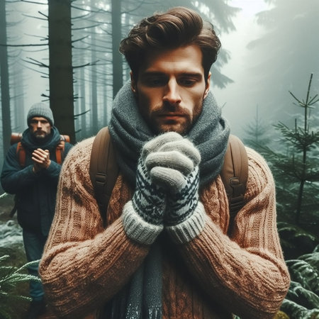 Handsome young man with a beard and mustache in a knitted sweater with a backpack on his back is standing in the forest on a foggy dayの素材