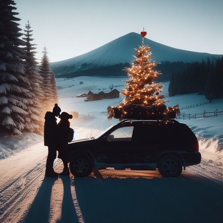 Couple in love on the background of a Christmas tree in the mountainsの素材