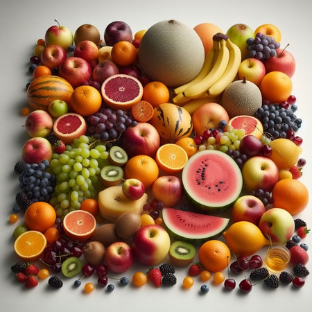 Fruits background. Healthy food concept. Flat lay, top viewの素材