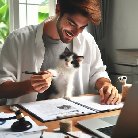 Young man veterinarian working with cat at table in office. Animal care concept.の素材