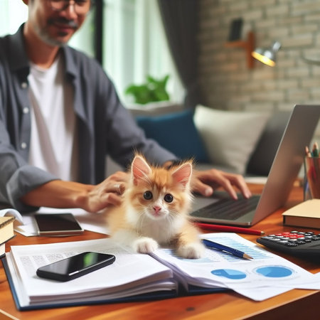 Businessman working at home with his cat and laptop on the tableの素材