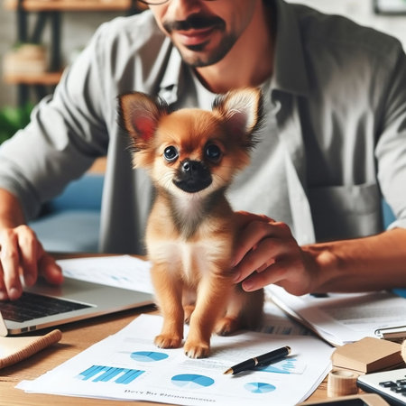 cropped view of man holding chihuahua while working in officeの素材