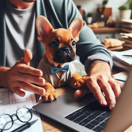 Cropped image of man working with laptop and dog sitting in officeの素材