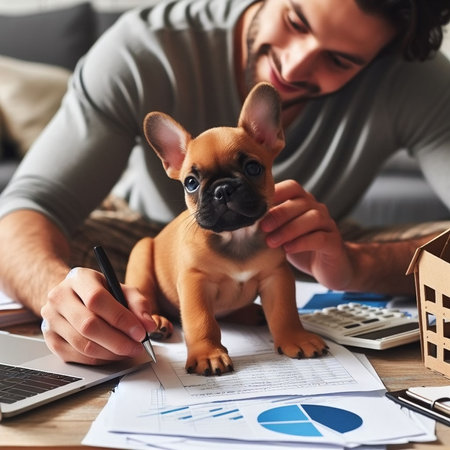 Close up of a young man working at home with a small dogの素材
